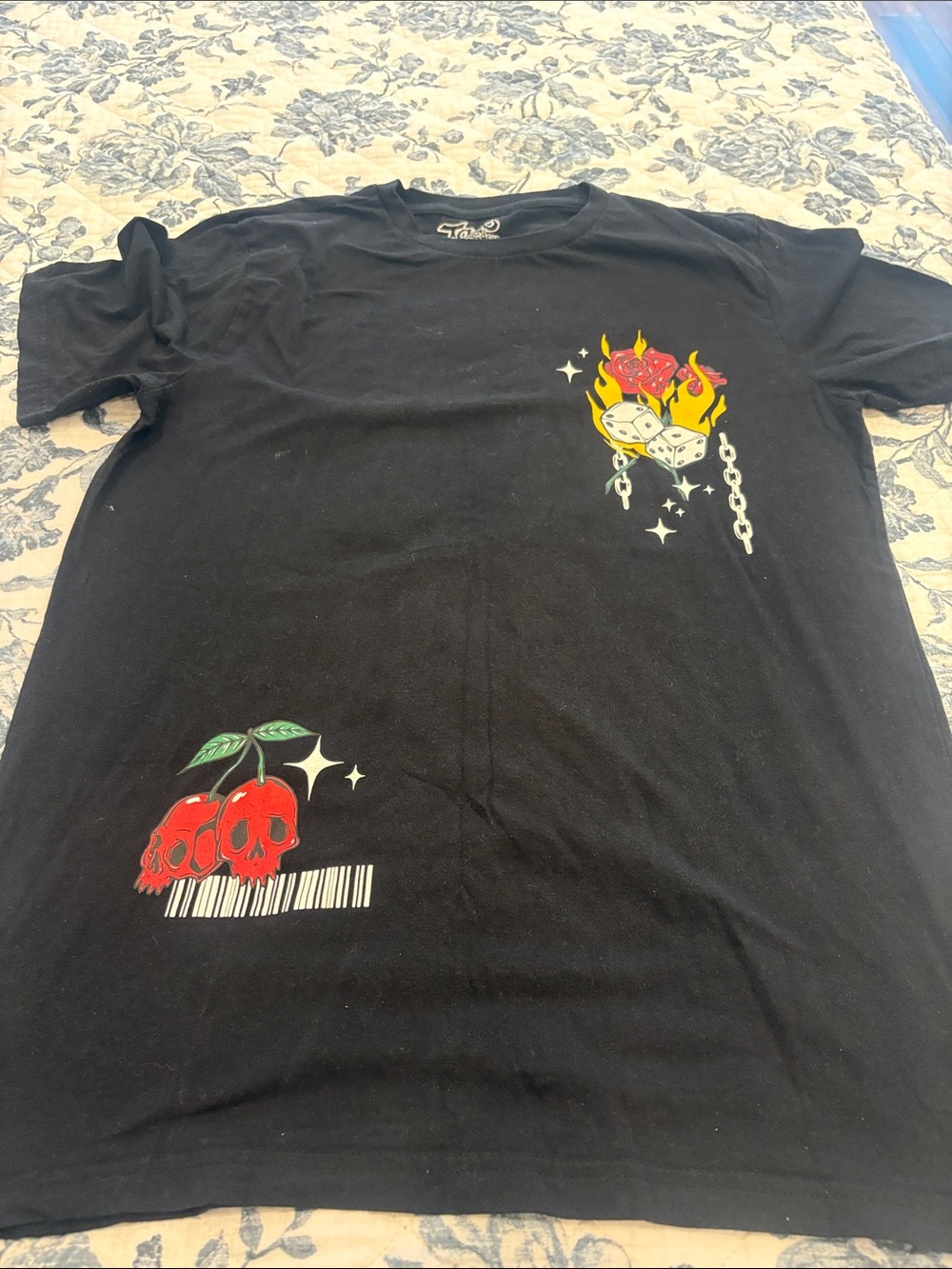Graphic Black Kids T-Shirt with Red Cherry Skull and Dice Motifs